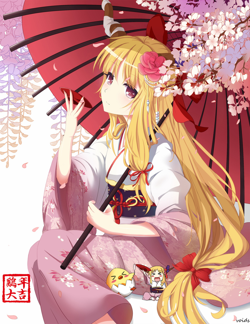 absurdres alcohol alternate_costume animal artist_name bangs bird blush blush_stickers bow brown_hair cherry_blossoms chick closed_mouth cup eyebrows_visible_through_hair fingernails floral_print flower hair_bow hair_flower hair_ornament hair_ribbon highres holding horn_ribbon horns ibuki_suika japanese_clothes kimono long_fingernails long_hair long_sleeves looking_at_viewer low-tied_long_hair minigirl obi oni open_mouth petals purple_eyes red_bow red_ribbon ribbon sakazuki sake sandals sash smile solo touhou very_long_hair voids wide_sleeves