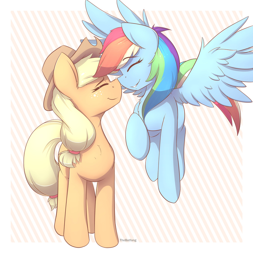2016 absurd_res applejack_(mlp) blonde_hair blue_feathers boop cowboy_hat duo earth_pony equine eyes_closed feathered_wings feathers female feral flying freckles friendship_is_magic hair hat hi_res horse long_hair mammal multicolored_hair multicolored_tail my_little_pony pegasus pony rainbow_dash_(mlp) rainbow_hair rainbow_tail smile thebatfang wings