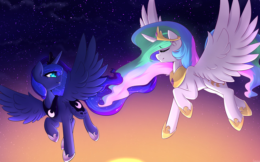 2017 absurd_res blue_eyes blue_feathers cutie_mark duo equine eyes_closed feathered_wings feathers female feral flying friendship_is_magic hair hi_res horn inner_ear_fluff long_hair mammal multicolored_hair multicolored_tail my_little_pony princess_celestia_(mlp) princess_luna_(mlp) sibling sisters sky star starry_sky sun sunrise thebatfang wallpaper white_feathers winged_unicorn wings