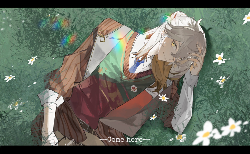 1other absurdres androgynous blue_necktie brown_hair brown_jacket collared_shirt colored_tips danzhi_lingjia english_text flower from_above green_vest hand_on_own_head highres jacket looking_at_viewer lying medicine_pocket medium_hair multicolored_hair necktie official_alternate_costume on_grass on_side pinstripe_jacket pinstripe_pattern red_vest reverse:1999 shirt sleeves_pushed_up smile striped_clothes striped_jacket sweater_vest two-tone_vest vertical-striped_clothes vertical-striped_jacket vest white_flower white_shirt yellow_eyes