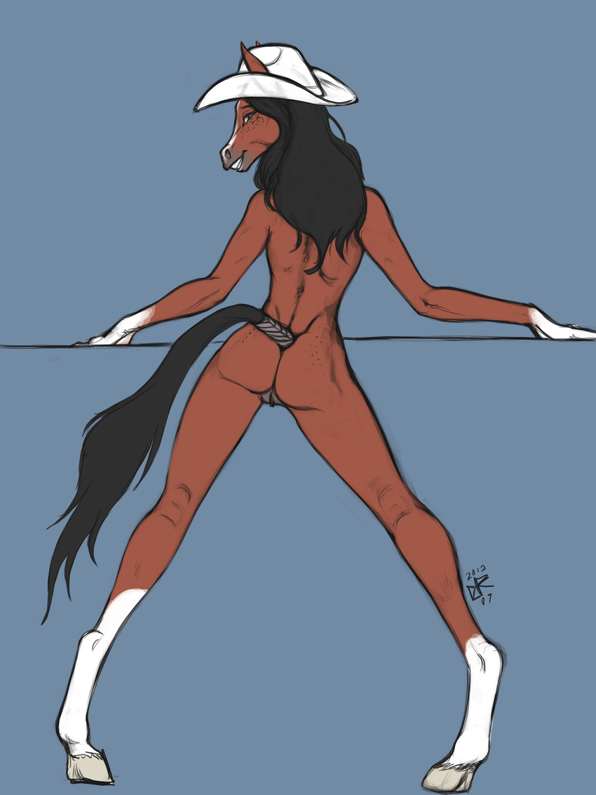 2013 athletic blue_eyes butt butt_dimples equine female freckles hair hat hooves horse invalid_tag long_hair mammal pinup pose pussy raised_tail simple_background slim solo spread_legs spreading unknown_artist