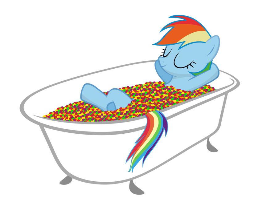 bath bathtub candy earth_pony equine eyes_closed female feral food friendship_is_magic fur hair horse mammal multicolored_hair my_little_pony pony rainbow rainbow_dash_(mlp) rainbow_hair skittles solo