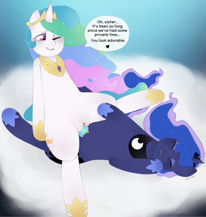 biting_lip blue_fur blush clitoris dildo double_dildo duo english_text equine eyes_closed feral friendship_is_magic fur horn incest lying mammal my_little_pony one_eye_closed oouichi penetration princess_celestia_(mlp) princess_luna_(mlp) purple_eyes pussy sex_toy sister/sister smile spreading text toy vaginal vaginal_penetration white_fur winged_unicorn wings