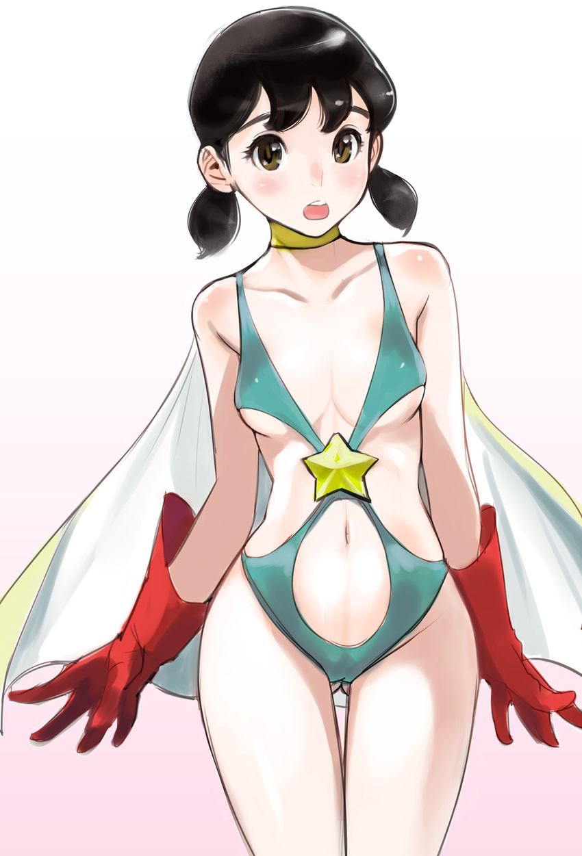 alternate_costume ass ass_visible_through_thighs bare_shoulders blush breasts brown_eyes brown_hair collarbone cowboy_shot doraemon dytm gloves gradient gradient_background highres minamoto_shizuka navel navel_cutout open_mouth red_gloves revealing_clothes short_hair short_twintails small_breasts solo thighs twintails underboob