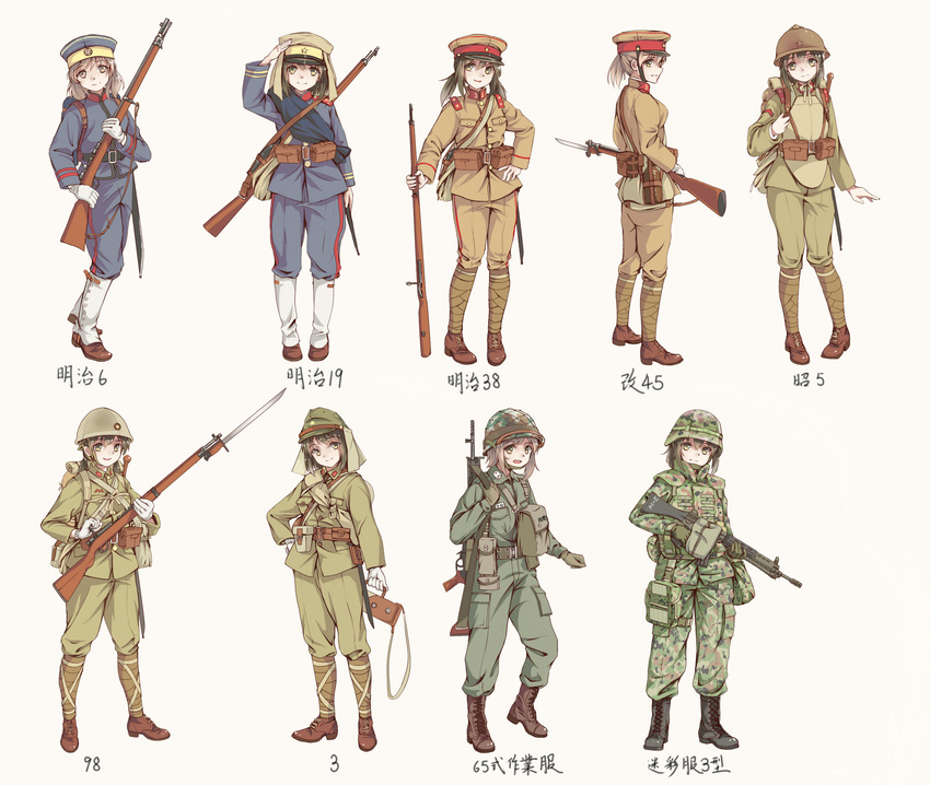 ankle_boots ankle_wrap arisaka assault_rifle battle_rifle bayonet black_hair bolt_action boots brown_eyes brown_hair combat_boots commentary contrapposto flak_jacket full_body gaiters gloves green_eyes gun hand_on_hip hat helmet highres howa_type_64 howa_type_89 imperial_japanese_army japan japan_ground_self-defense_force japan_self-defense_force load_bearing_equipment long_hair longmei_er_de_tuzi looking_at_viewer md5_mismatch military military_hat military_uniform multiple_girls number original peaked_cap pouch rifle short_ponytail sling smile soldier standing timeline translation_request twintails uniform weapon white_gloves world_war_ii