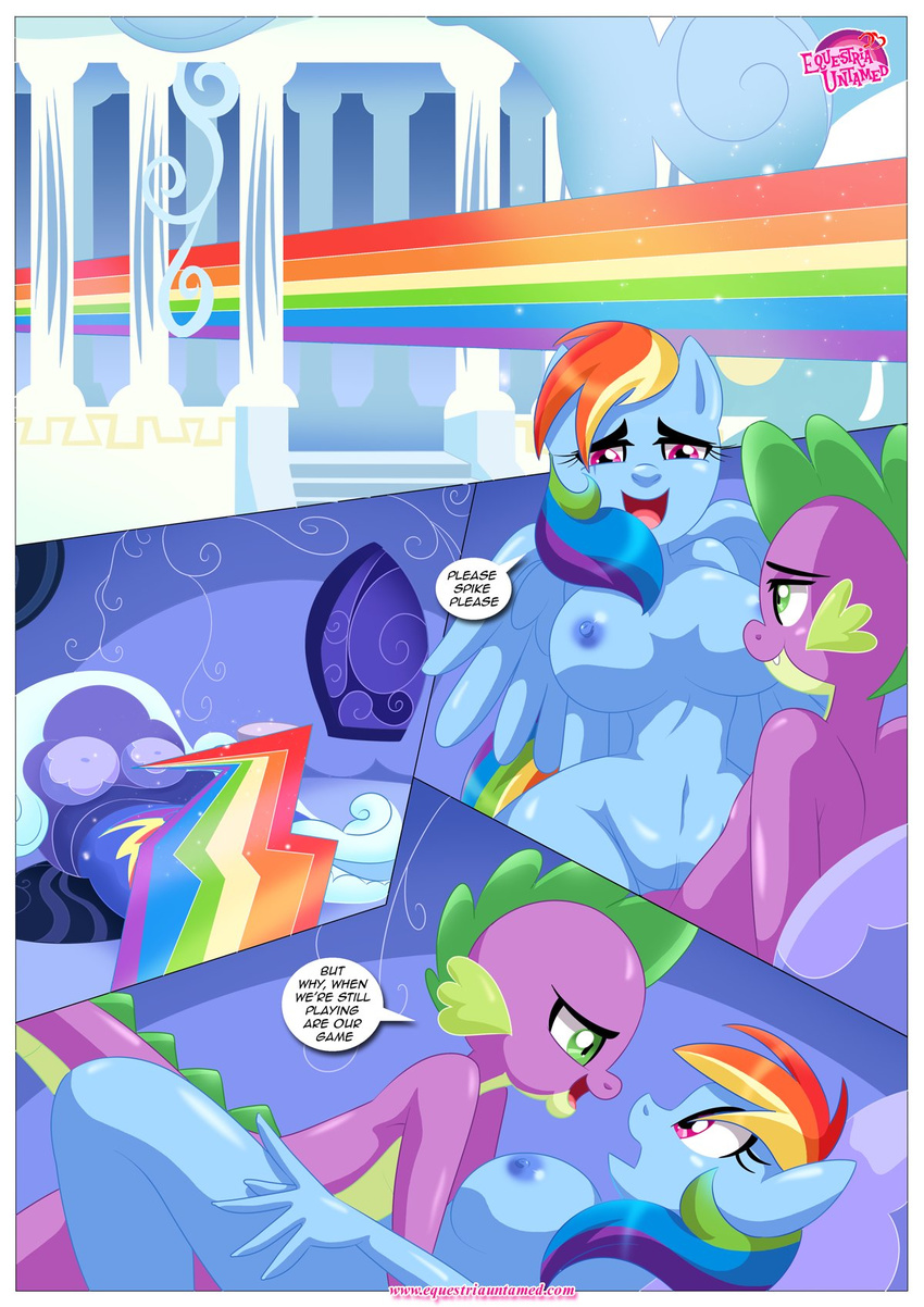 anthro bbmbbf bed breasts comic dragon english_text equestria_untamed equine female friendship_is_magic horny_(disambiguation) horse imminent_sex lying male male/female mammal missionary_position my_little_pony nude on_back palcomix pony pussy rainbow_dash_(mlp) sex spike_(mlp) text voluptuous