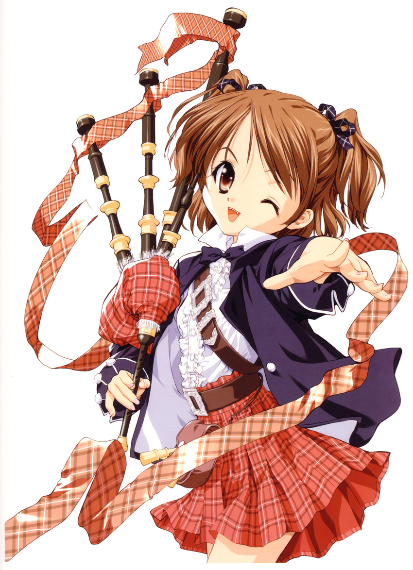 ;d bagpipes belt belt_buckle blazer blue_bow blue_jacket blue_neckwear blue_ribbon bow bowtie breasts brown_belt brown_eyes brown_hair buckle buttons center_frills cowboy_shot fangs foreshortening frilled_shirt frills from_side fur_trim hair_ribbon happy head_tilt high-waist_skirt highres holding holding_instrument instrument jacket long_sleeves looking_at_viewer looking_to_the_side miniskirt nail_polish official_art one_eye_closed open_clothes open_jacket open_mouth outstretched_arm pink_nails pink_ribbon plaid plaid_ribbon plaid_skirt pleated_skirt popped_collar pouch reaching_out red_skirt ribbon scan shirt short_hair simple_background sister_princess skirt sleeve_cuffs small_breasts smile solo standing tenhiro_naoto two_side_up white_background white_shirt yotsuba_(sister_princess)