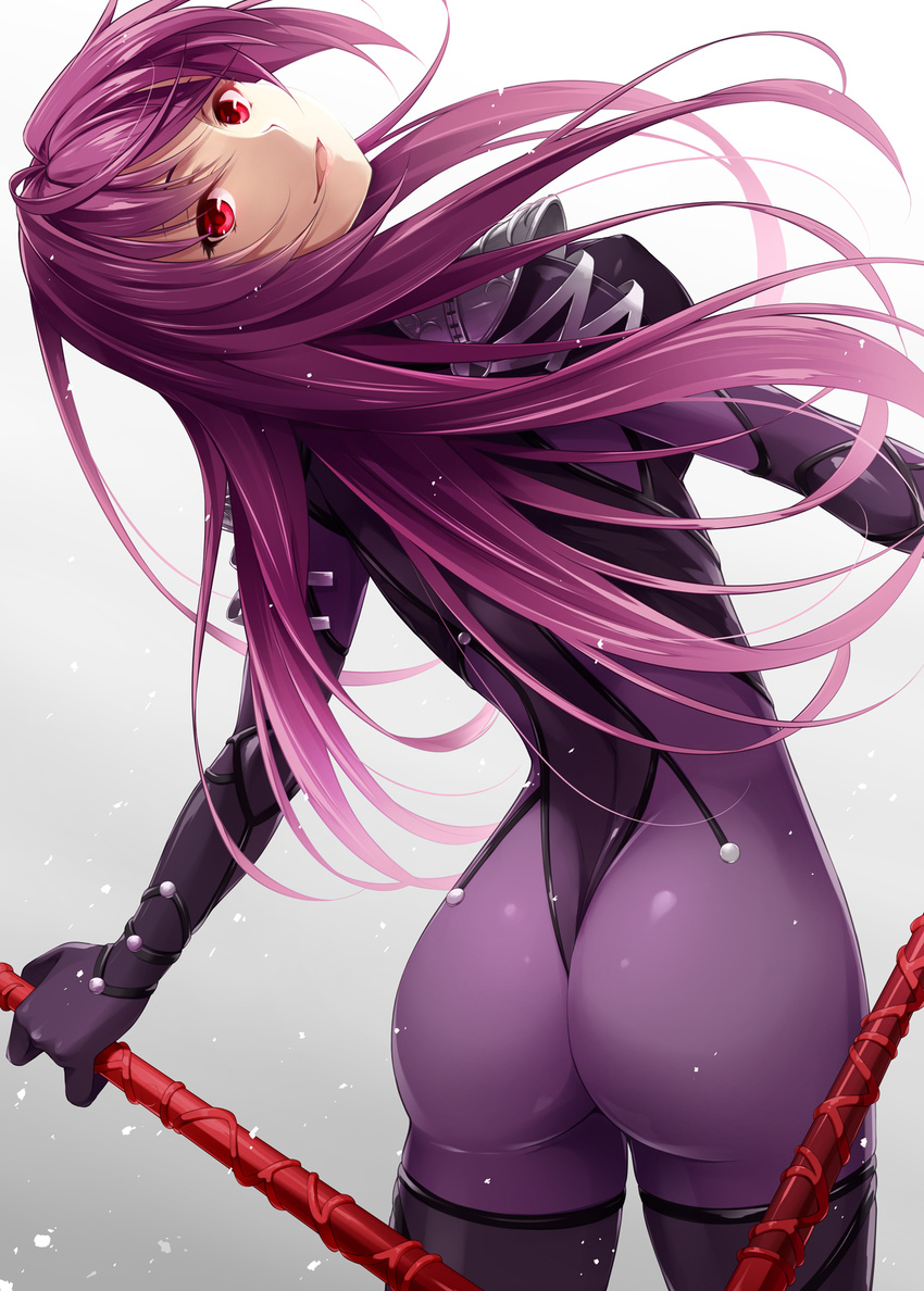 ass black_legwear bodysuit dual_wielding fate/grand_order fate_(series) from_behind gae_bolg highres holding lance leaning_back long_hair looking_at_viewer looking_back mukunokino_isshiki open_mouth pauldrons polearm purple_bodysuit purple_hair red_eyes scathach_(fate)_(all) scathach_(fate/grand_order) shaft_look simple_background solo thighhighs weapon