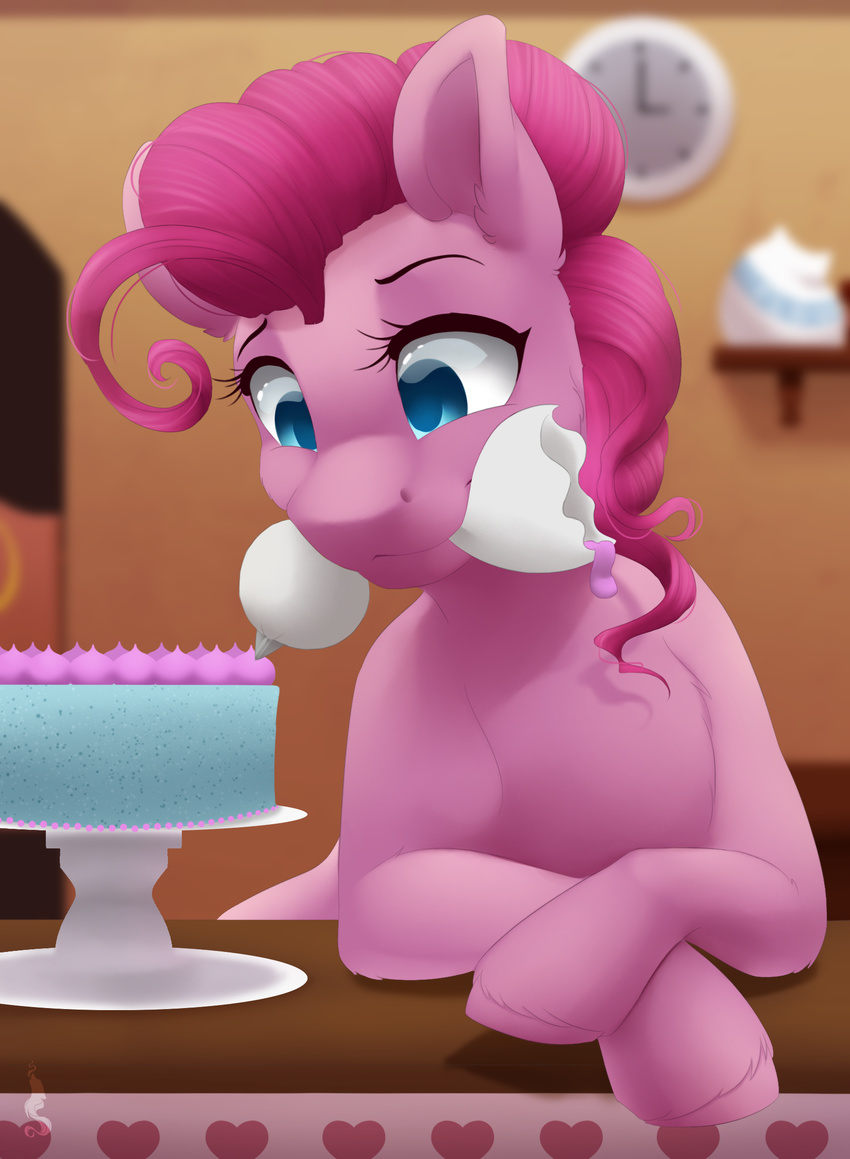 2017 cake earth_pony equine female feral food friendship_is_magic fur hair hi_res hooves horse inside mammal mouth_hold my_little_pony pink_fur pink_hair pinkie_pie_(mlp) pony silentwulv solo