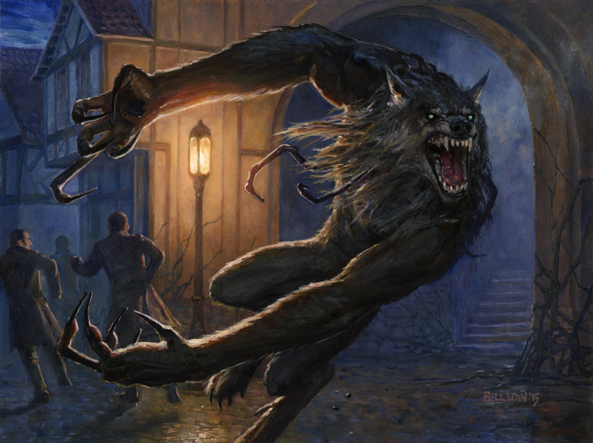 ambiguous_gender canine charging city cityscape claws digitigrade fleeing group human magic_the_gathering mammal nude official_art running sharp_teeth signature snarling solo_focus steven_belledin street teeth were werewolf