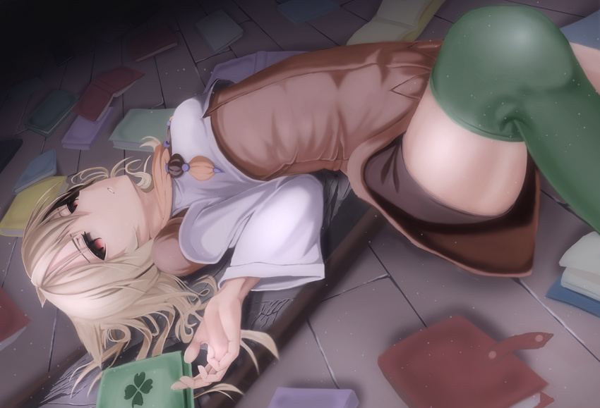 absurdres blonde_hair book green_legwear highres ithea_myse_valgulious long_hair lying mukade_(siieregannsu) on_back red_eyes shuumatsu_nani_shitemasu_ka? solo thighhighs thighs