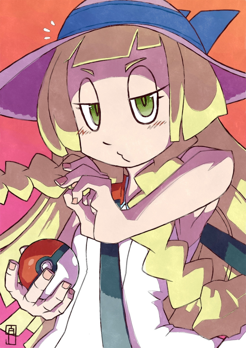 1girl bag bangs bare_arms bare_shoulders blonde_hair blunt_bangs blush braid chawalit_adsawawalanon closed_mouth collared_dress dress duffel_bag fingernails gradient gradient_background green_eyes half-closed_eyes handbag hat highres holding holding_poke_ball lillie_(pokemon) long_hair looking_at_viewer o3o poke_ball poke_ball_(generic) pokemon pokemon_(game) pokemon_sm sleeveless sleeveless_dress solo sun_hat sundress twin_braids upper_body white_dress white_hat