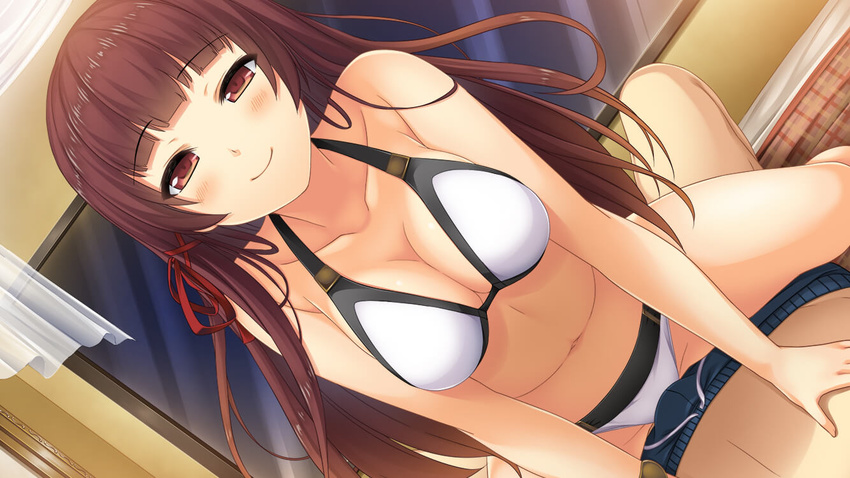 1girl akinashi_yuu ao_no_kanata_no_four_rhythm ao_no_kanata_no_four_rhythm_-es- bare_arms bare_legs bare_shoulders bed bikini blush breasts brown_hair game_cg girl_on_top highres hime_cut indoors large_breasts legs long_hair looking_at_viewer lying navel on_bed pov red_eyes sitting sitting_on_person smile solo_focus suzumori thighs white_bikini