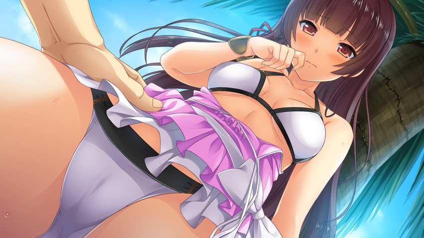 1girl akinashi_yuu ao_no_kanata_no_four_rhythm ao_no_kanata_no_four_rhythm_-es- bare_arms bare_shoulders bikini black_hair blush breasts cameltoe cleavage day dress embarrassed floating_hair game_cg highres hime_cut legs long_hair looking_down open_clothes outdoors palm_tree pink_dress red_eyes sky small_breasts solo_focus standing suzumori sweat thighs white_bikini