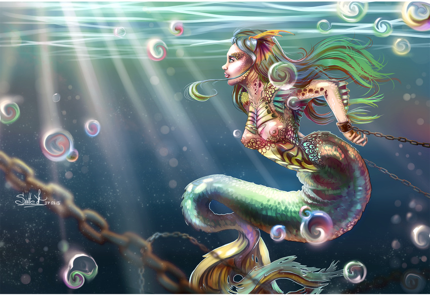 2013 baphometall breasts chain day detailed_background digital_media_(artwork) female hair marine merfolk nipples nude outside solo underwater water