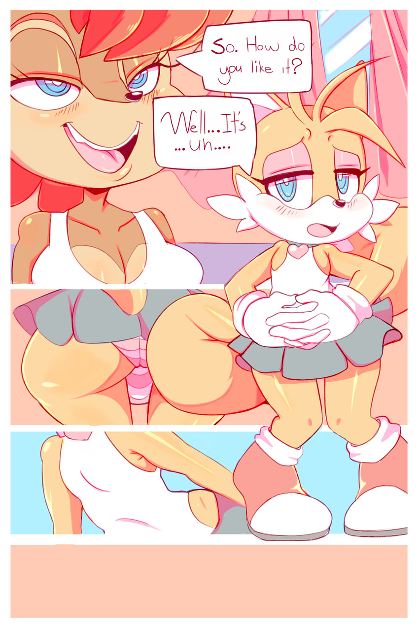 2017 anthro big_breasts breasts bulge butt canine chipmunk cleavage clothed clothing cloudz comic crossdressing english_text female fox girly male mammal miles_prower panties rodent sally_acorn smile sonic_(series) text underwear