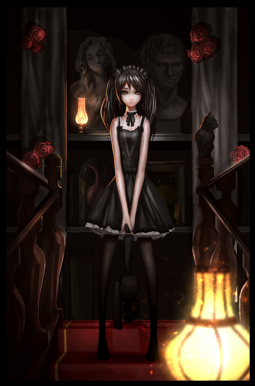 absurdres baka_(mh6516620) black_dress black_eyes black_hair black_legwear black_ribbon choker collarbone dress full_body gothic_lolita hairband highres holding indoors lolita_fashion lolita_hairband long_hair looking_at_viewer neck_ribbon original pantyhose ribbon sleeveless sleeveless_dress solo standing twintails