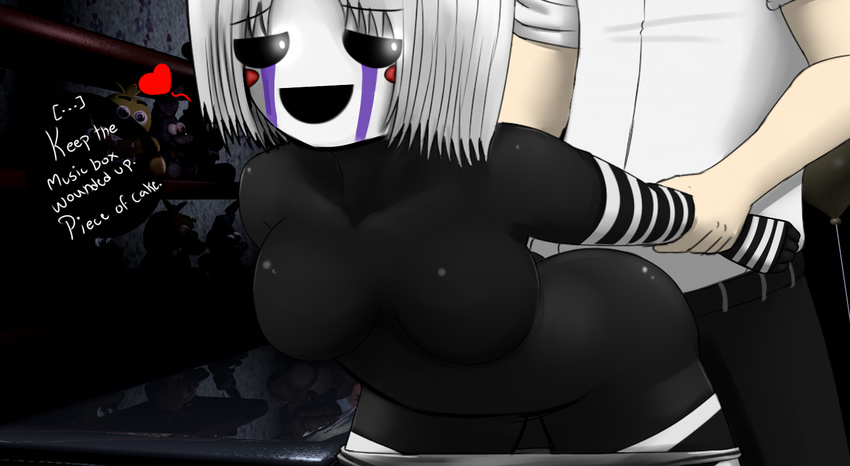 animatronic arm_warmers black_body butt clothed clothing datfurrydude featureless_nipples five_nights_at_freddy's five_nights_at_freddy's_2 from_behind_position glowing glowing_eyes hair human humanoid legwear machine mammal marionette_(fnaf) not_furry nude panties panties_down pants puppet_(fnaf) red_cheeks robot sex smile stockings striped_legwear striped_stockings stripes underwear video_games white_hair