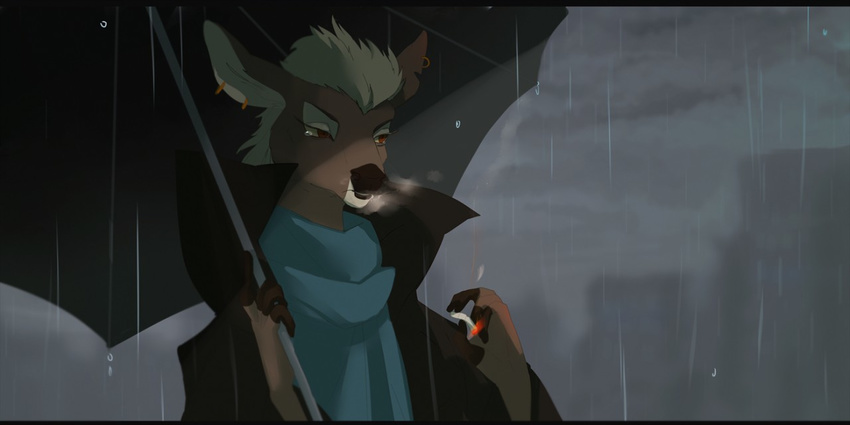 anthro cervine cigarette clothed clothing deer ear_piercing fjorge fur hair male mammal piercing raining smoke solo umbrella