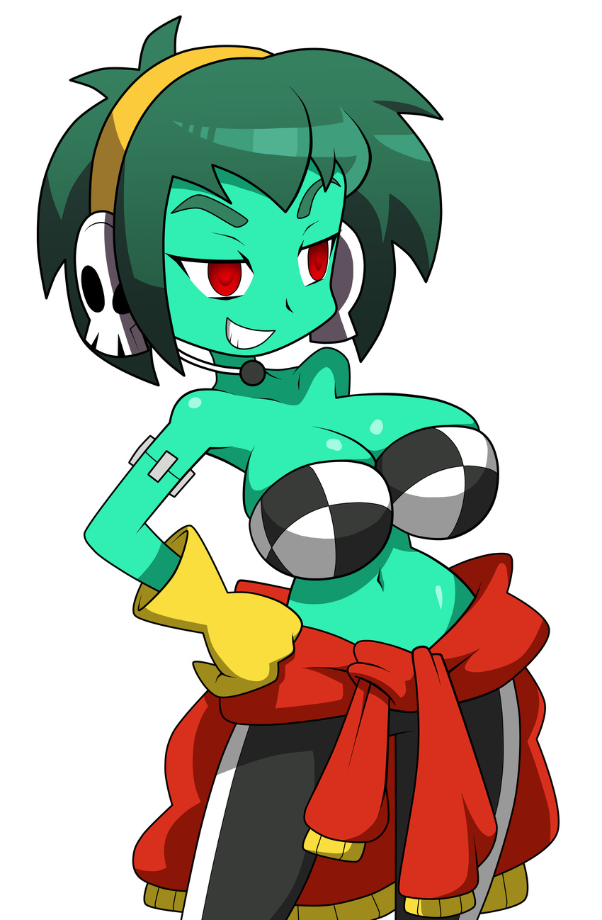 1girl absurdres bare_shoulders breasts checkered_bikini checkered_bra cleavage clothes_around_waist gloves green_hair green_skin headphones highres large_breasts midriff navel pants red_eyes rottytops shantae shantae_(series) short_hair smile solo stitches teeth track_pants undead