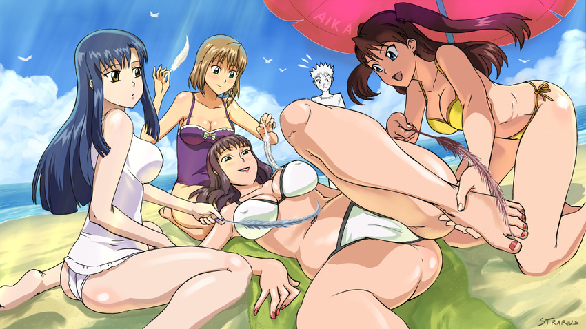 4girls aika_(series) aika_r-16 artist_name ass bangs bare_legs bare_shoulders barefoot beach beach_towel beach_umbrella bikini bird blood blue_eyes blue_hair blue_sky blush braid breasts brown_eyes brown_hair cameltoe cleavage cloud collarbone commentary copyright_name covered_nipples day english_commentary eyebrows_visible_through_hair feathers feet foot_tickling green_eyes gusto kneeling large_breasts legs long_hair lying maigleco makeup medium_breasts minamino_karen multiple_girls nagisa_risako nail_polish navel nosebleed on_back on_lap one-piece_swimsuit open_mouth outdoors pink_lips pink_nails purple_hair purple_swimsuit red_hair red_nails sand shadow shingai_eri shiny shiny_skin shore short_hair side-tie_bikini side_braid single_braid sitting sky smile standing sumeragi_aika surprised swimsuit thighs tickling toes towel twintails umbrella walk-in wariza white_swimsuit yellow_bikini