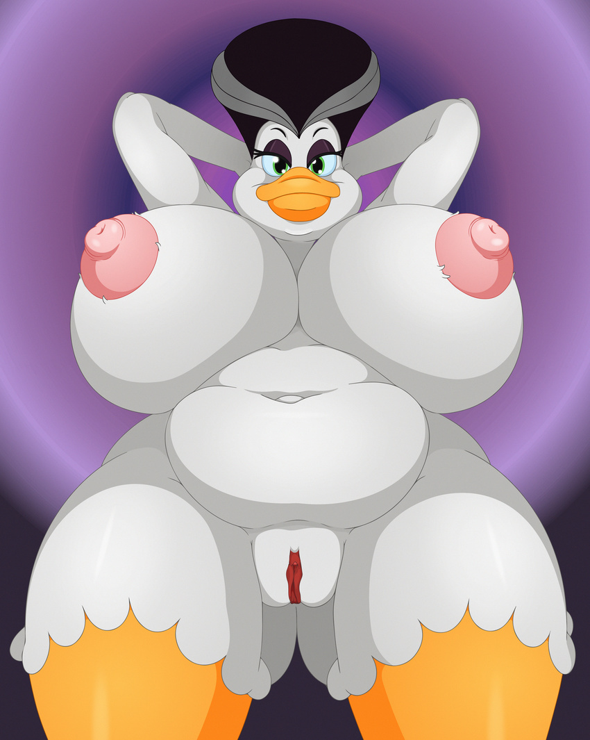 absurd_res anthro areola avian big_breasts bird breasts duck ducktits erect_nipples female hi_res huge_breasts looking_at_viewer morgana_macawber navel nipples nude pussy slightly_chubby smile solo wide_hips
