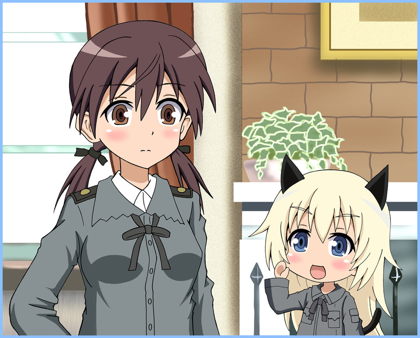 animal_ears bertsr blonde_hair blue_eyes blush border brown_eyes brown_hair cat_ears cat_tail chibi embarrassed fireplace gertrud_barkhorn hand_on_hip hand_up helma_lennartz highres indoors long_hair multiple_girls neck_ribbon open_mouth plant potted_plant ribbon strike_witches tail twintails uniform upper_body waving window world_witches_series younger