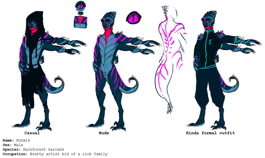 2015 animal_humanoid claws clothed clothing fully_clothed hood humanoid karrahk male model_sheet mutisija nude pink_eyes pink_stripes reptile reptile_humanoid rutmik scalie simple_background solo spikes standing stripes white_background