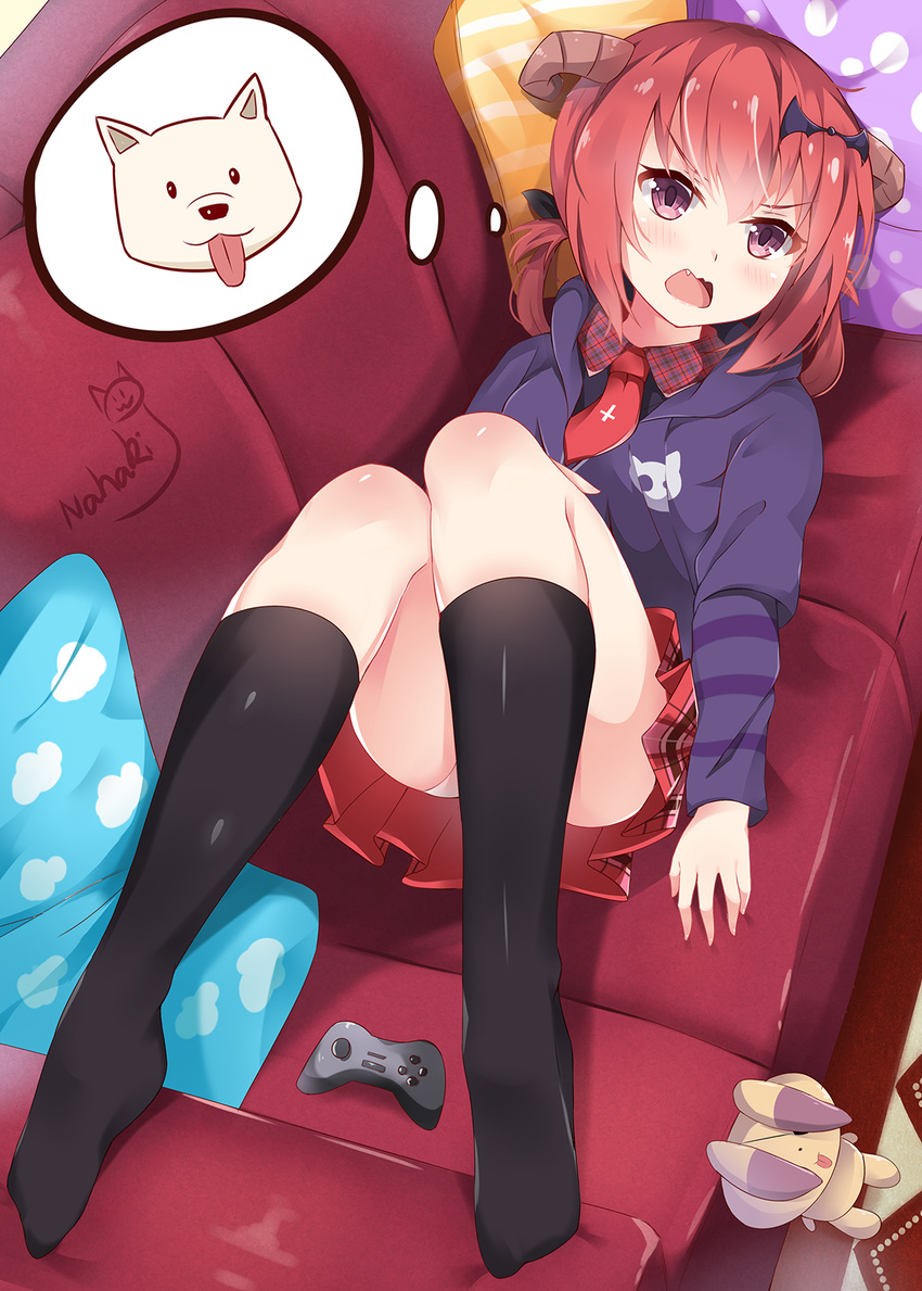 :3 artist_name bat_hair_ornament black_legwear cloud_print collared_shirt controller couch cross_of_saint_peter cross_print demon_girl demon_horns dog dog_(gabriel_dropout) eyebrows_visible_through_hair fang from_above full_body gabriel_dropout game_controller hair_between_eyes hair_ornament hair_rings highres hood hoodie horns kneehighs kurumizawa_satanichia_mcdowell long_sleeves lying nahaki necktie on_back open_mouth orange_hair panties pillow pink_eyes pleated_skirt red_neckwear red_skirt shirt short_necktie signature skirt solo stuffed_animal stuffed_bunny stuffed_toy thought_bubble tongue tongue_out underwear white_panties wing_collar |_|