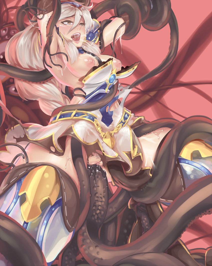 1girl absurdres ahegao animal_ears blush breasts consensual_tentacles erun_(granblue_fantasy) glo-s-s granblue_fantasy grey_hair happy_sex heles highres large_breasts long_hair monster nipples object_insertion open_mouth pubic_hair puffy_nipples pussy pussy_juice restrained saliva sex shiny shiny_skin skindentation slime smile solo spread_legs suspension sweat tentacle tentacles_under_clothes tongue torn_clothes vaginal vaginal_object_insertion white_hair
