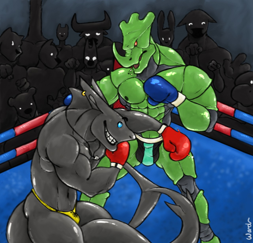 barazoku boxing boxing_gloves bulge butt clothing crowd fighting_ring fish fist fur gant grin group invalid_color invalid_tag jewelry marine monster muscular necklace painting pecs punch saliva shark sharkwolf sport teeth thong