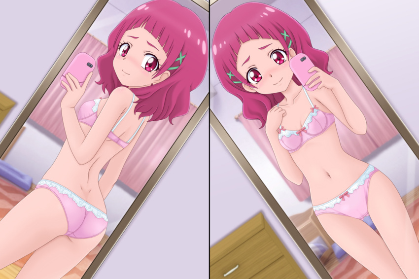 1girl ass backlighting bangs bedroom blurry blurry_background blush bow bow_bra bow_panties bra breasts butt_crack cellphone closed_mouth collarbone commentary_request crotch_seam curtains dimples_of_venus from_behind gluteal_fold hair_ornament hairclip hand_on_own_chest holding holding_cellphone holding_phone hugtto!_precure indoors looking_at_viewer looking_back medium_hair miracle! mirror navel nono_hana panties phone pink_bra pink_eyes pink_hair pink_panties precure self_shot small_breasts smartphone smile solo standing thigh_gap thighs underwear underwear_only x_hair_ornament