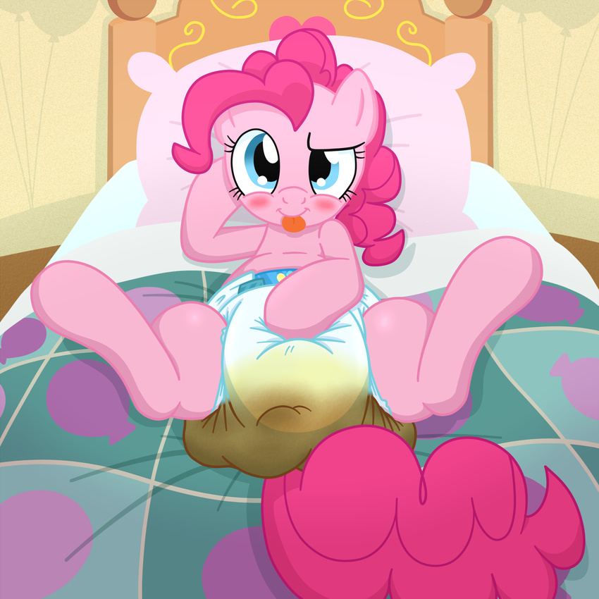 2014 bed blue_eyes blush diaper equine feces female feral fillyscoots42 friendship_is_magic fur hair looking_at_viewer mammal messy_diaper my_little_pony pink_fur pink_hair pinkie_pie_(mlp) scat solo tongue tongue_out urine watersports