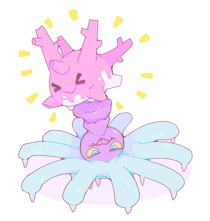 closed_eyes closed_mouth corsola gen_2_pokemon gen_7_pokemon half-closed_eyes highres mareanie no_humans open_mouth pokemon pokemon_(creature) sharp_teeth simple_background smile spike spikes teeth upside-down white_background winter939