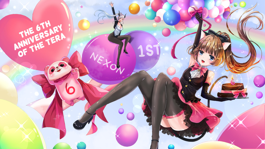 2girls animal_ears arm_up armpits artist_request balloon black_legwear blue_eyes bow breasts brown_hair bunnysuit cake castanic_(tera) cat_ears cat_tail cleavage cropped_jacket dress elbow_gloves elin_(tera) food gloves high_heels highres holding horns jacket knees_together_feet_apart large_breasts leotard long_hair multiple_girls open_mouth pantyhose pointy_ears popori ribbon shirt shoes silver_hair sitting sleeveless sleeveless_dress small_breasts smile tail tera_online thighhighs very_long_hair waving
