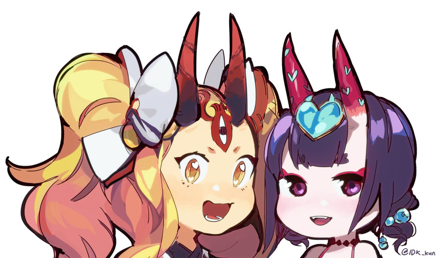 2girls :d alternate_hairstyle bangs blonde_hair blunt_bangs chibi commentary eyebrows_visible_through_hair facial_mark fate/grand_order fate_(series) forehead_mark headpiece heart highres horns ibaraki_douji_(fate/grand_order) idk-kun looking_at_viewer multiple_girls no_nose open_mouth precure purple_eyes purple_hair romaji_commentary short_eyebrows shuten_douji_(fate/grand_order) shuten_douji_(halloween)_(fate) smile transparent_background twintails twitter_username yellow_eyes