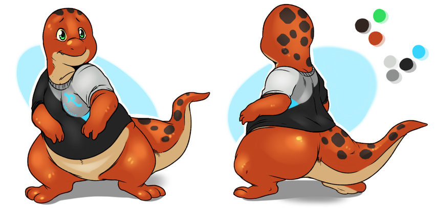 alternate_species amphibian bottomless clothed clothing color_swatch fan_character featureless_crotch front_view hadou male model_sheet rear_view salamander satsui-n0-had0u shirt slightly_chubby smile solo standing t-shirt