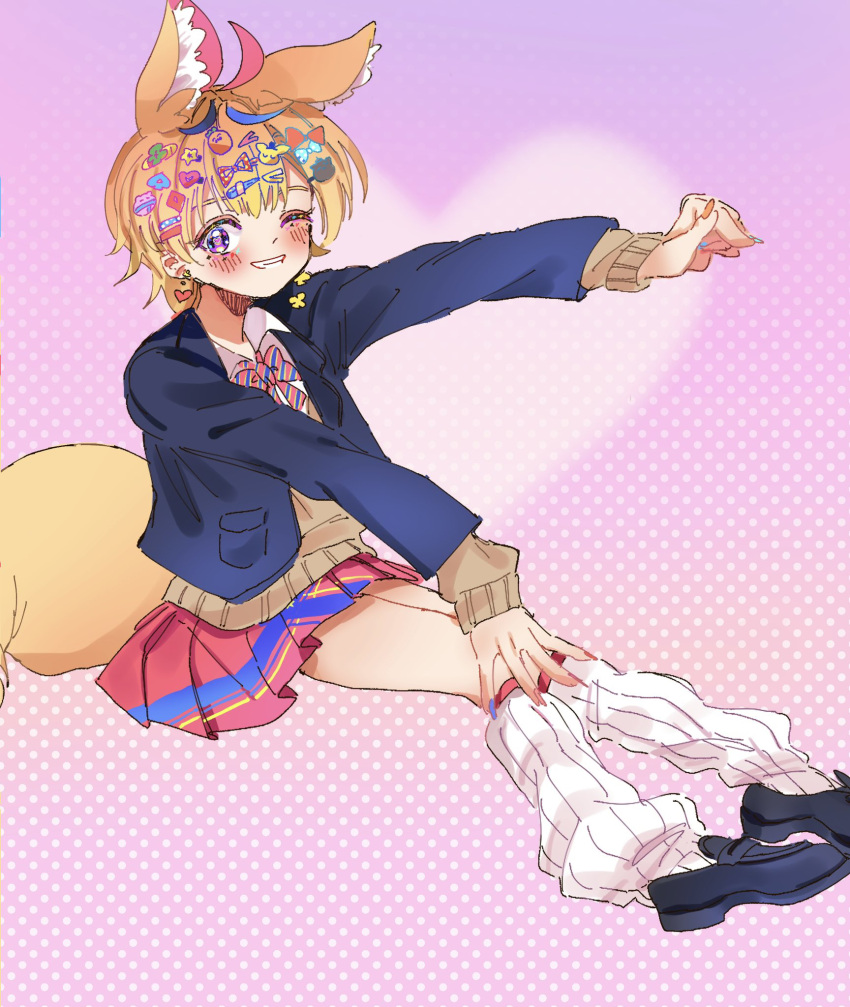 1girl ahoge animal_ear_fluff animal_ears black_footwear black_jacket blonde_hair blue_bow blue_bowtie blue_hair blue_nails blue_skirt blush bow bowtie brown_cardigan cardigan commentary_request diagonal-striped_bow diagonal-striped_bowtie diagonal-striped_clothes dot_nose foot_out_of_frame fox_ears fox_girl fox_tail grin gyaru hair_bow hair_ornament hairclip heart heart-shaped_pupils highres hololive jacket kogal loafers long_hair long_sleeves looking_at_viewer loose_socks miniskirt multicolored_bowtie multicolored_hair multicolored_nails multiple_hair_bows nail_art nail_polish official_alternate_costume official_alternate_hair_length official_alternate_hairstyle omaru_polka omaru_polka_(school_uniform) one_eye_closed open_clothes open_jacket orange_nails outstretched_arms pi_(namakurichan) pink_background pink_hair pink_nails pink_pupils pleated_skirt polka_dot polka_dot_background purple_eyes red_bow red_bowtie red_skirt school_uniform shoes side_ponytail simple_background sitting skirt smile socks solo streaked_hair striped_clothes symbol-shaped_pupils tail teeth very_long_hair virtual_youtuber white_socks