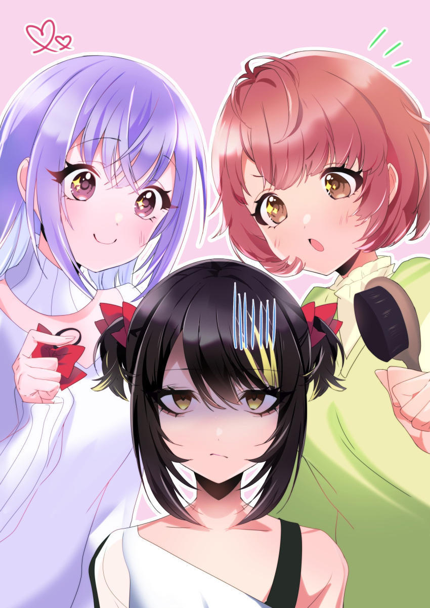 3girls :o absurdres alternate_hairstyle black_hair blue_hair blush bob_cut bow brown_eyes brown_hair collarbone cometik_(idolmaster) commentary_request empty_eyes expressionless eyelashes gloom_(expression) green_sweater hair_between_eyes hair_brush heart highres holding holding_bow_(ornament) holding_hair_brush idolmaster idolmaster_shiny_colors idolmaster_shiny_colors_song_for_prism ikaruga_luca ikuta_haruki light_blue_hair long_hair long_sleeves looking_at_another looking_at_viewer motituki0 multiple_girls notice_lines open_mouth pink_background short_hair short_twintails sidelocks smile sparkling_eyes suzuki_hana sweater twintails upper_body v-shaped_eyebrows white_sweater yellow_eyes