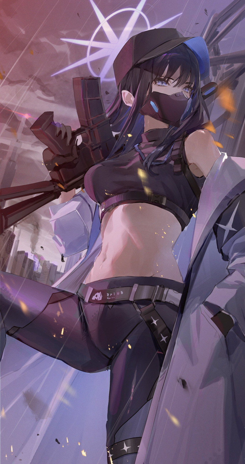 1girl absurdres assault_rifle baseball_cap belt black_belt black_hair black_headwear black_pants black_shirt blue_archive blue_halo breasts cloud cloudy_sky crop_top flatshi grey_eyes gun halo hat highres holding holding_gun holding_weapon jacket mask medium_breasts mouth_mask navel off_shoulder outdoors pants rifle saori_(blue_archive) shirt sky smoke solo weapon