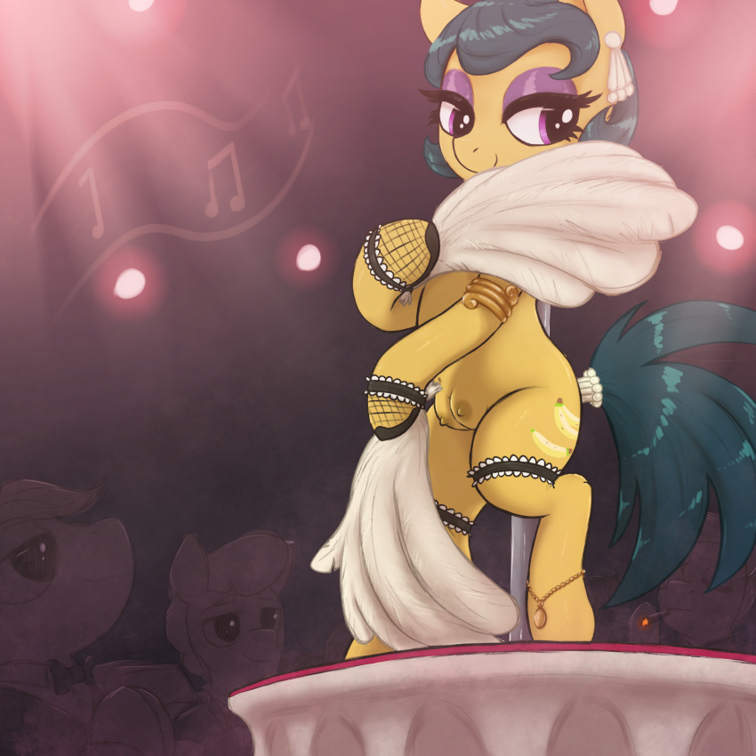 absurd_res cleopatra_jazz_(mlp) ear_piercing ear_ring equid equine eyelashes female friendship_is_magic hair hasbro hi_res hooves legband mammal my_little_pony nipples on_stage piercing pupils ring_piercing smile solo_focus t72b teats thick_thighs thighband