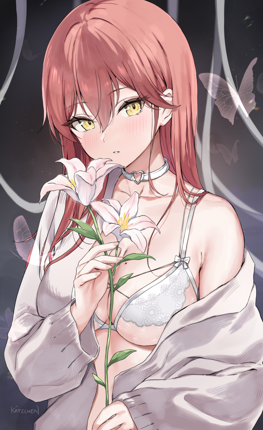 1girl artist_name blush bra breasts bug butterfly cardigan choker closed_mouth collarbone flower grey_cardigan heart heart_choker highres holding holding_flower kaetzchen large_breasts long_hair long_sleeves looking_at_viewer mole mole_on_breast off_shoulder open_cardigan open_clothes original parted_lips red_hair single_bare_shoulder smile solo underwear upper_body white_bra white_choker white_flower yellow_eyes