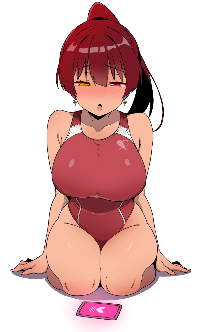 1girl :o absurdres bare_shoulders batta_16-sei blush breasts cellphone competition_swimsuit curvy earrings hair_between_eyes heterochromia highres hololive houshou_marine hypnosis_app jewelry kneeling large_breasts long_hair looking_down one-piece_swimsuit open_mouth phone ponytail red_hair simple_background swimsuit thighs virtual_youtuber white_background