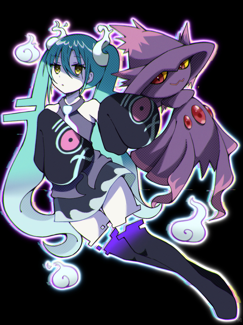1girl blue_hair collared_shirt detached_legs detached_sleeves full_body ghost_miku_(project_voltage) glitch hair_ornament hatsune_miku highres long_hair mismagius necktie parted_lips pokemon pokemon_(creature) project_voltage rageno0000 shirt skirt sleeveless sleeveless_shirt sleeves_past_fingers sleeves_past_wrists thigh_gap thighhighs twintails very_long_hair vocaloid will-o'-the-wisp_(mythology) yellow_eyes