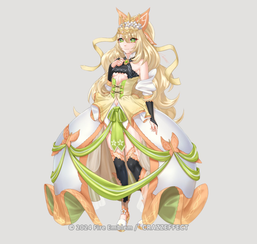 1girl bare_shoulders blonde_hair bow celine_(fire_emblem) commentary commission crazzeffect crown detached_sleeves fire_emblem fire_emblem_engage flower full_body green_bow green_eyes hand_up highres long_hair looking_at_viewer skirt smile solo standing very_long_hair white_flower white_skirt