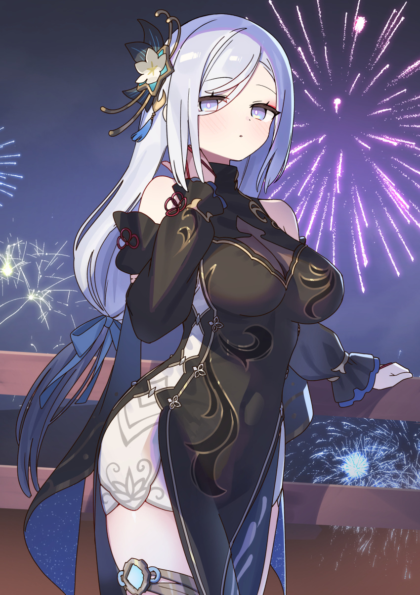 1girl bare_shoulders black_dress blue_bow blush bow breasts commentary_request covered_navel cowboy_shot detached_sleeves dress fireworks genshin_impact grey_eyes hair_bow hand_up highres large_breasts long_hair long_sleeves looking_at_viewer revision shenhe_(frostflower_dew)_(genshin_impact) shenhe_(genshin_impact) sleeveless sleeveless_dress solo standing very_long_hair white_hair zenshin