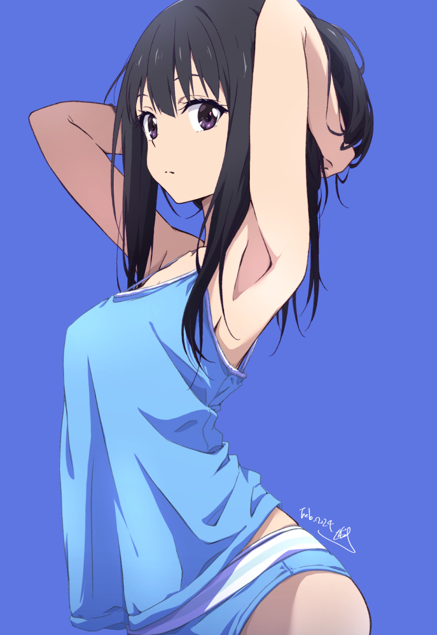 1girl armpits arms_up black_hair blue_background blue_panties blue_shirt brand_name_imitation calvin_klein commentary_request dated expressionless highres inoue_takina looking_at_viewer lycoris_recoil nii_manabu panties purple_eyes revision shirt sleeveless sleeveless_shirt solo underwear