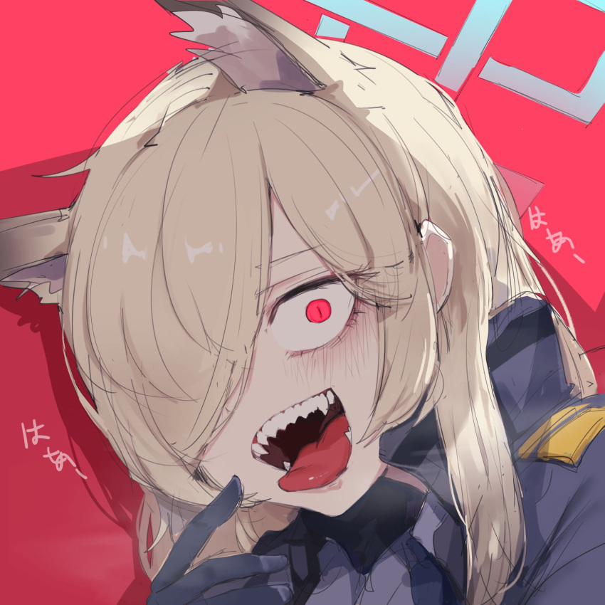 1girl animal_ear_fluff animal_ears blonde_hair blue_archive blue_eyes blue_halo commentary gloves gurenola hair_over_one_eye halo highres jacket kanna_(blue_archive) long_hair looking_at_viewer necktie pointing sharp_teeth shirt solo symbol-only_commentary teeth tongue tongue_out