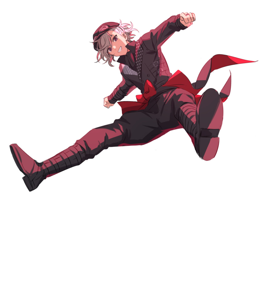 1boy black_headwear black_jacket black_pantyhose bow clenched_hands commentary_request full_body grey_hair grin hat highres jacket jumping long_sleeves looking_at_viewer looking_down male_focus on_air! outstretched_arms pantyhose purple_eyes red_bow sekina short_hair simple_background smile solo spread_arms spread_legs toma_rin_(on_air!) white_background