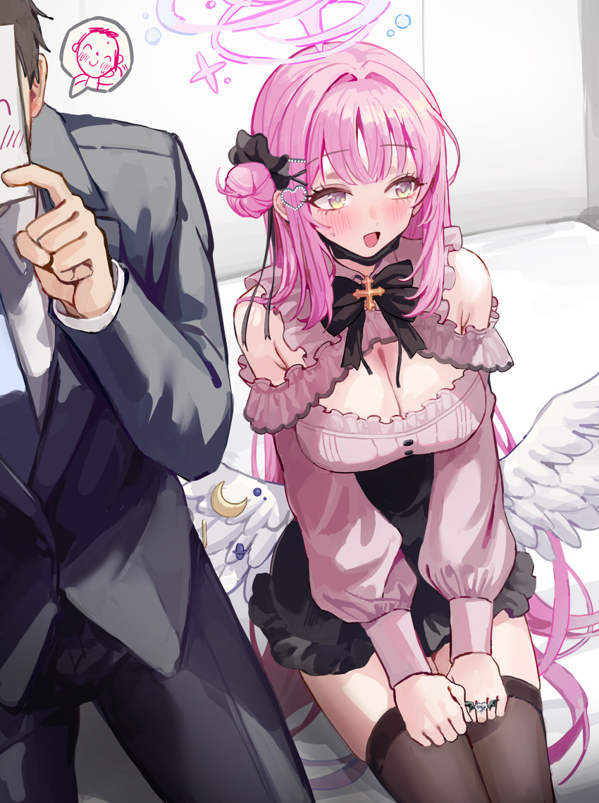 1boy 1girl absurdres alternate_costume averting_eyes black_hair black_mask black_skirt black_suit black_thighhighs blue_archive blush breasts cleavage cleavage_cutout clothing_cutout doodle_sensei_(blue_archive) feathered_wings formal hair_bun halo hands_on_own_thighs highres indoors jewelry jirai_kei large_breasts long_sleeves mask mask_pull mell_(dmwe3537) mika_(blue_archive) mouth_mask nervous_smile nervous_sweating paper_on_head pink_hair pink_shirt ring sensei_(blue_archive) shirt shoulder_cutout sideways_glance single_side_bun sitting skirt smile spoken_expression suit sweat thighhighs white_shirt white_wings wings zettai_ryouiki